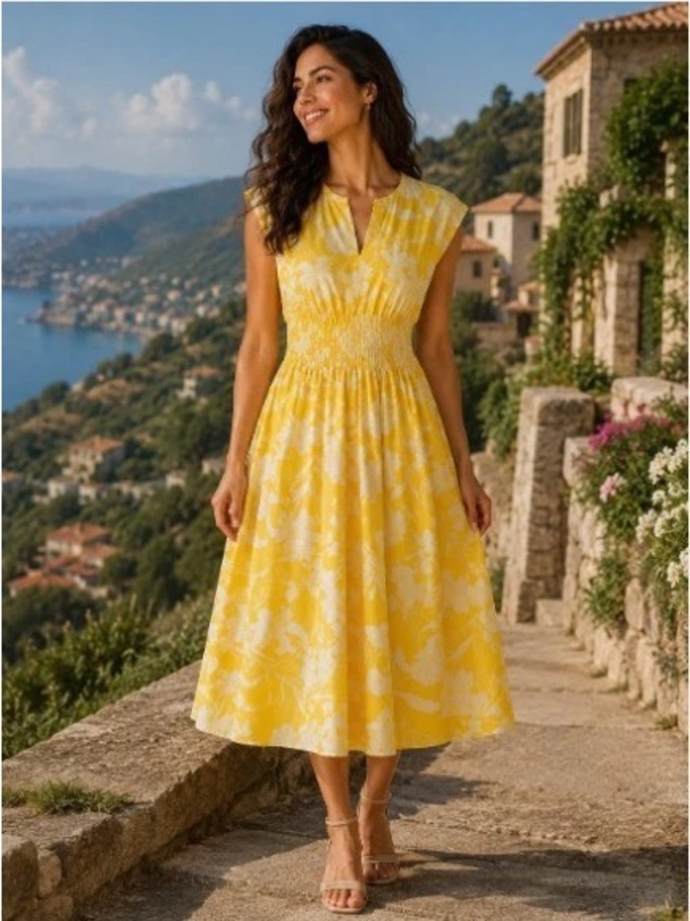 Calvin Klein Yellow Floral Midi Dress with Smocked Waist